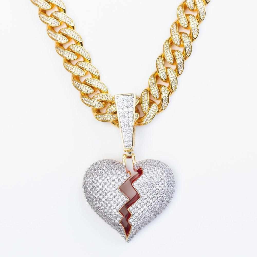 ICEDTAG Hip Hop Iced Out Broken Heart Pendant Charm With Cuban Link Necklace - Gold - 18"
