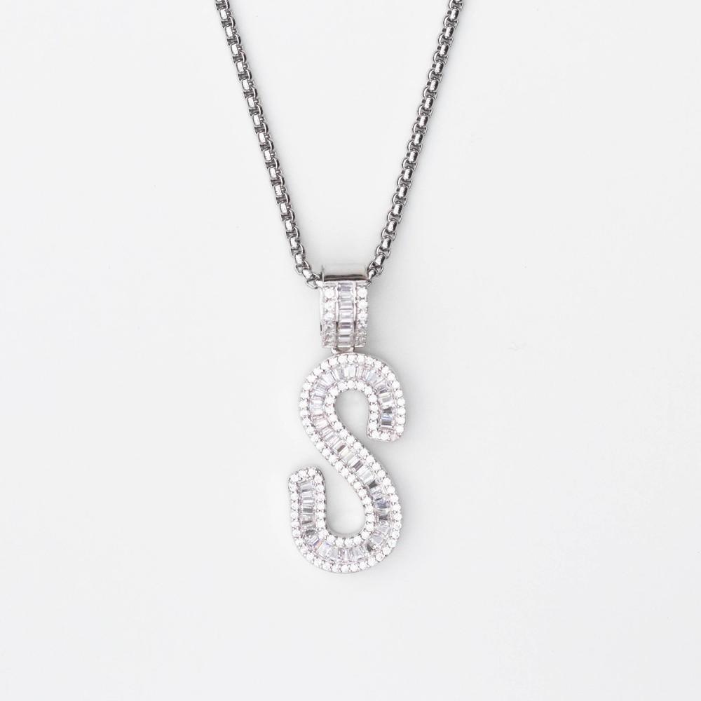 White Gold A-Z Custom Sterling Silver Baguette Initial Letter Pendant - The Gifted Few