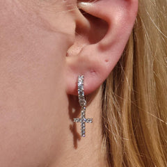 Sterling Silver Premium Iced Hoop & Cross Woman's Earrings