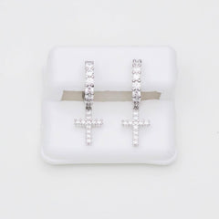 Sterling Silver Premium Iced Hoop & Cross Woman's Earrings