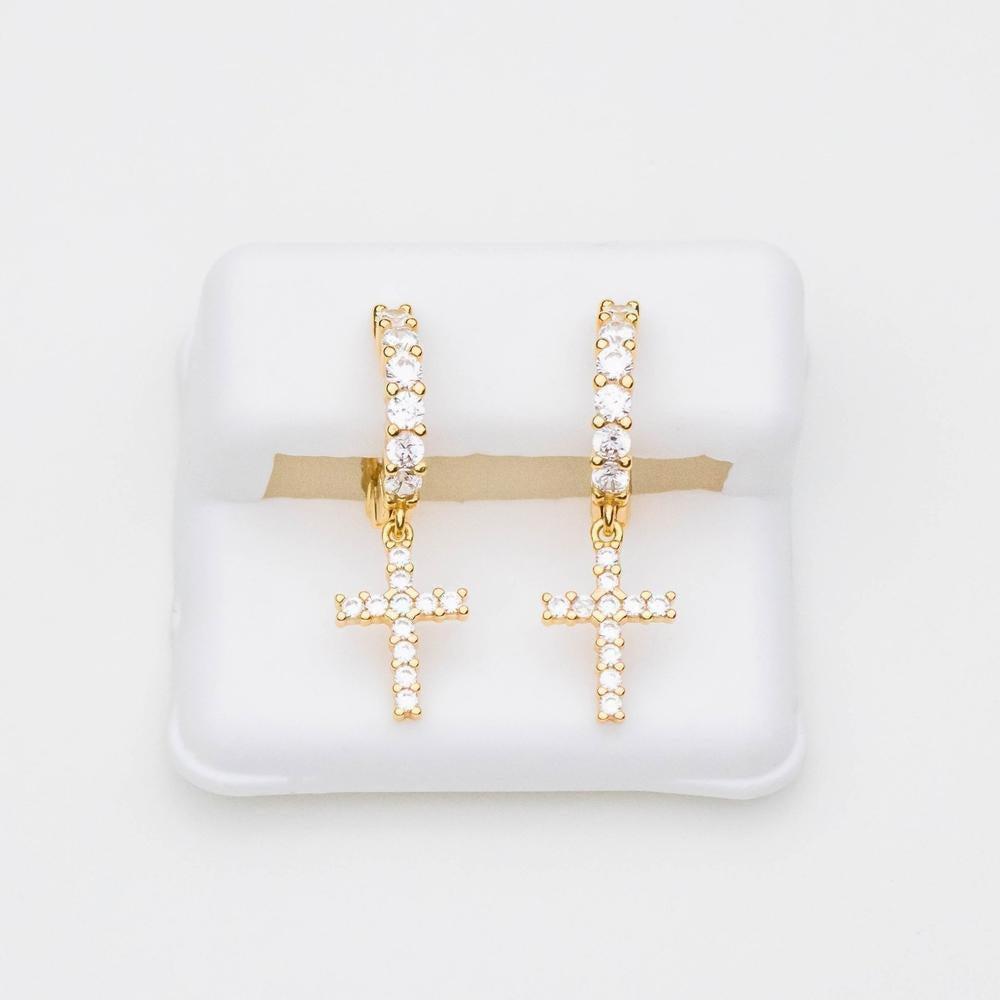 Sterling Silver Premium Iced Hoop & Cross Woman's Earrings