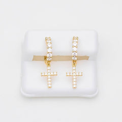 Sterling Silver Premium Iced Hoop & Cross Woman's Earrings