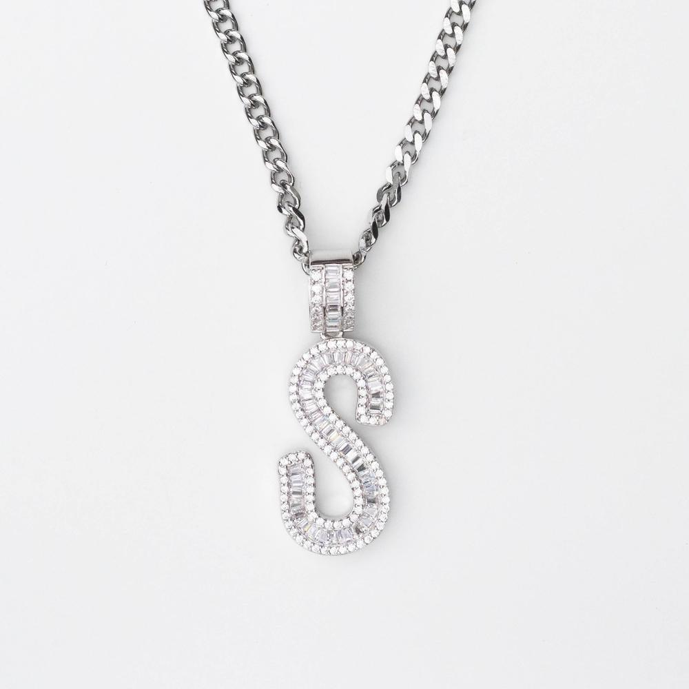 White Gold A-Z Custom Sterling Silver Baguette Initial Letter Pendant - The Gifted Few
