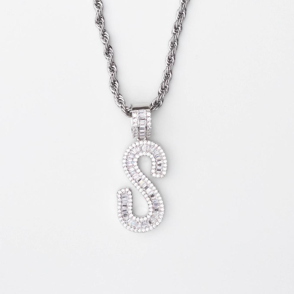 White Gold A-Z Custom Sterling Silver Baguette Initial Letter Pendant - The Gifted Few
